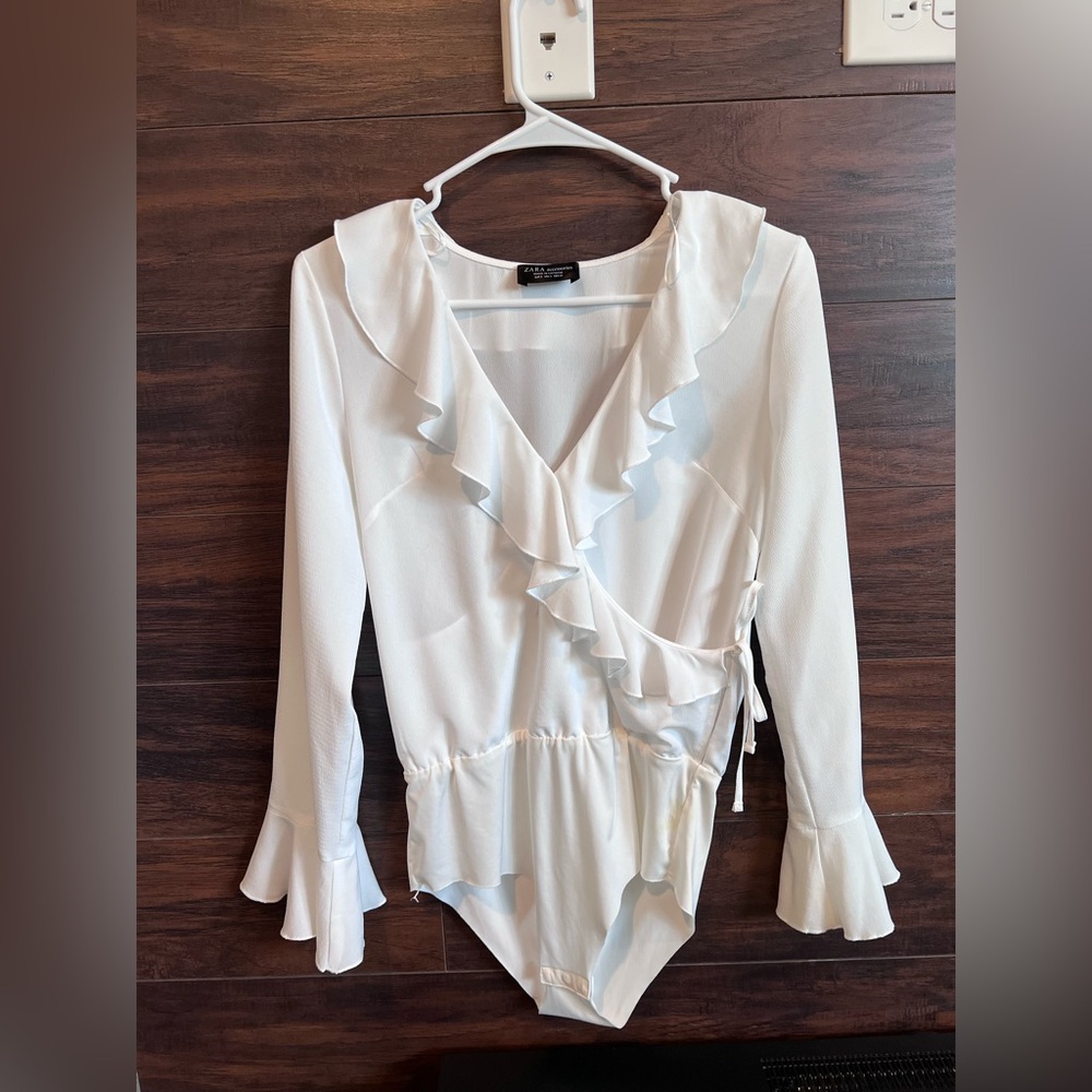 Zara White Ruffled Wrap Bodysuit With Bell Sleeves